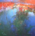 ポルドゥの抽象的な海の風景の池の上の赤い月